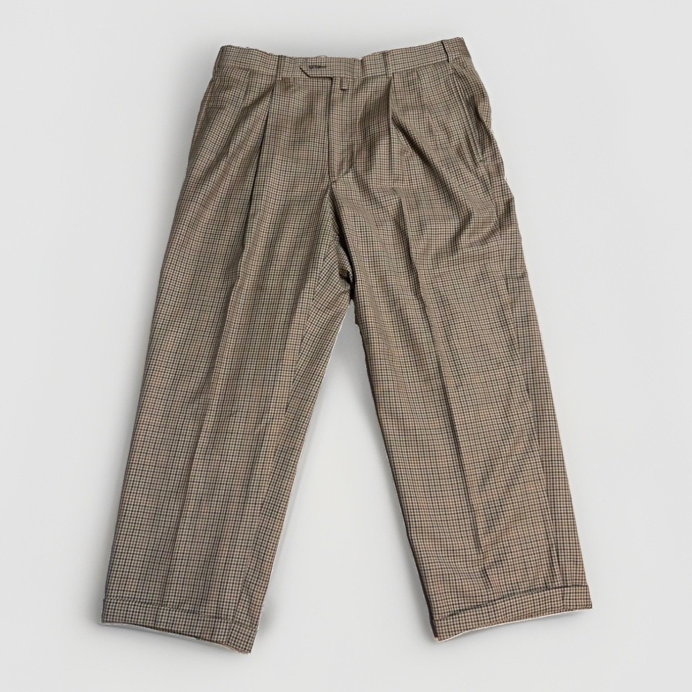 Tommy Hilfiger Pleated Dress Pants 34x26 Brown Houndstooth Cuffed Wool Trousers